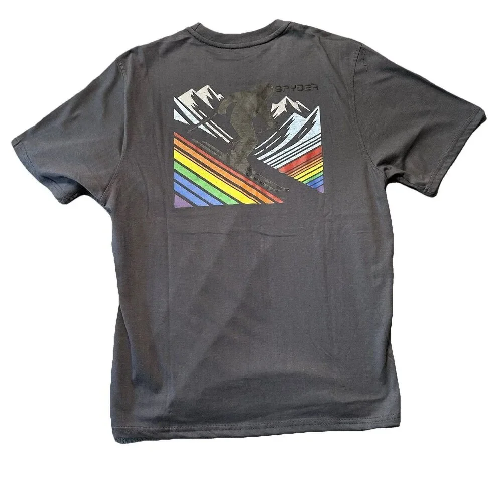 Spyder Mens XL Regular Fit Graphic T Shirt Gray Mountain Ski Rainbow Logo NWT